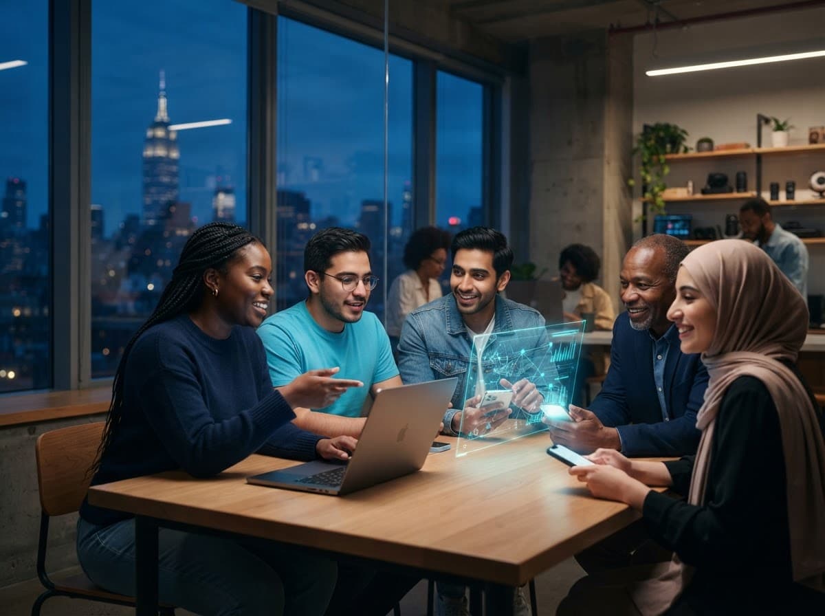 A diverse group of community members collaborating around a laptop in a New York tech studio at dusk